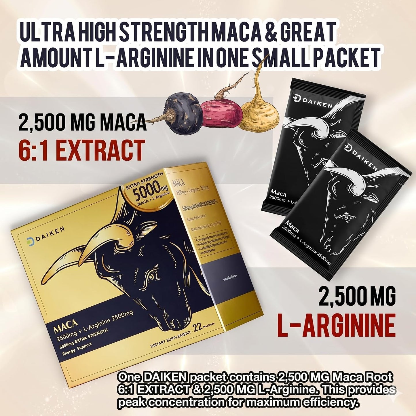 DAIKEN Peruvian Maca Root Powder Extra Strength 5,000 mg, Gelatinized Black, Red, Yellow Maca Blend with L-Arginine (2,500 mg) for Men and Women, Superior Absorption, Vegan, Lab Tested - 22 Packets