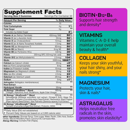 Biotin Gummies for Hair, Skin & Nails - Hair Growth Vitamins Women & Men | 60 pcs - Extra Strength Biotin (Vitamin B7), Collagen, Keratin & DHT Blocker