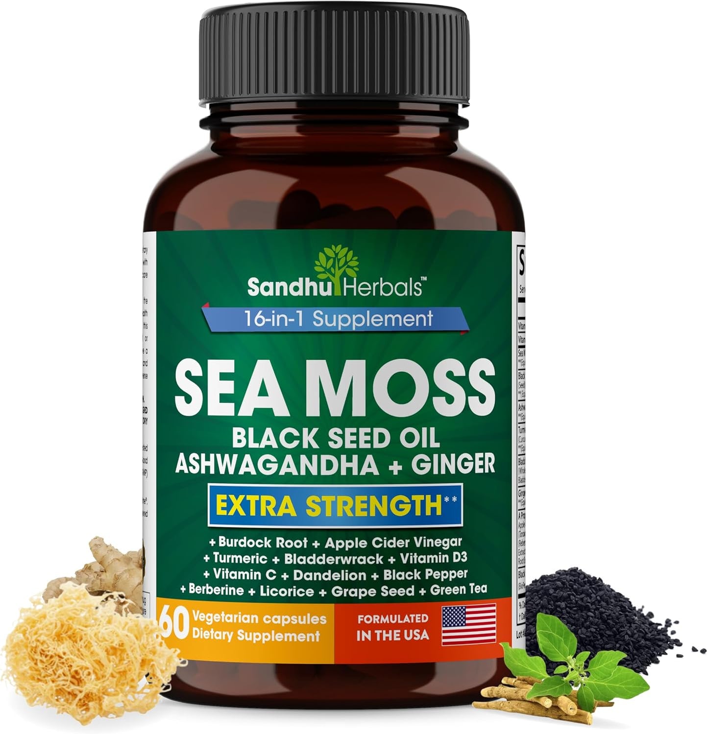 Sandhu Herbals Zinc 50mg & Sea Moss Black Seed Oil Ashwagandha Ginger Burdock Root Supplement for Men & Women| Made in USA