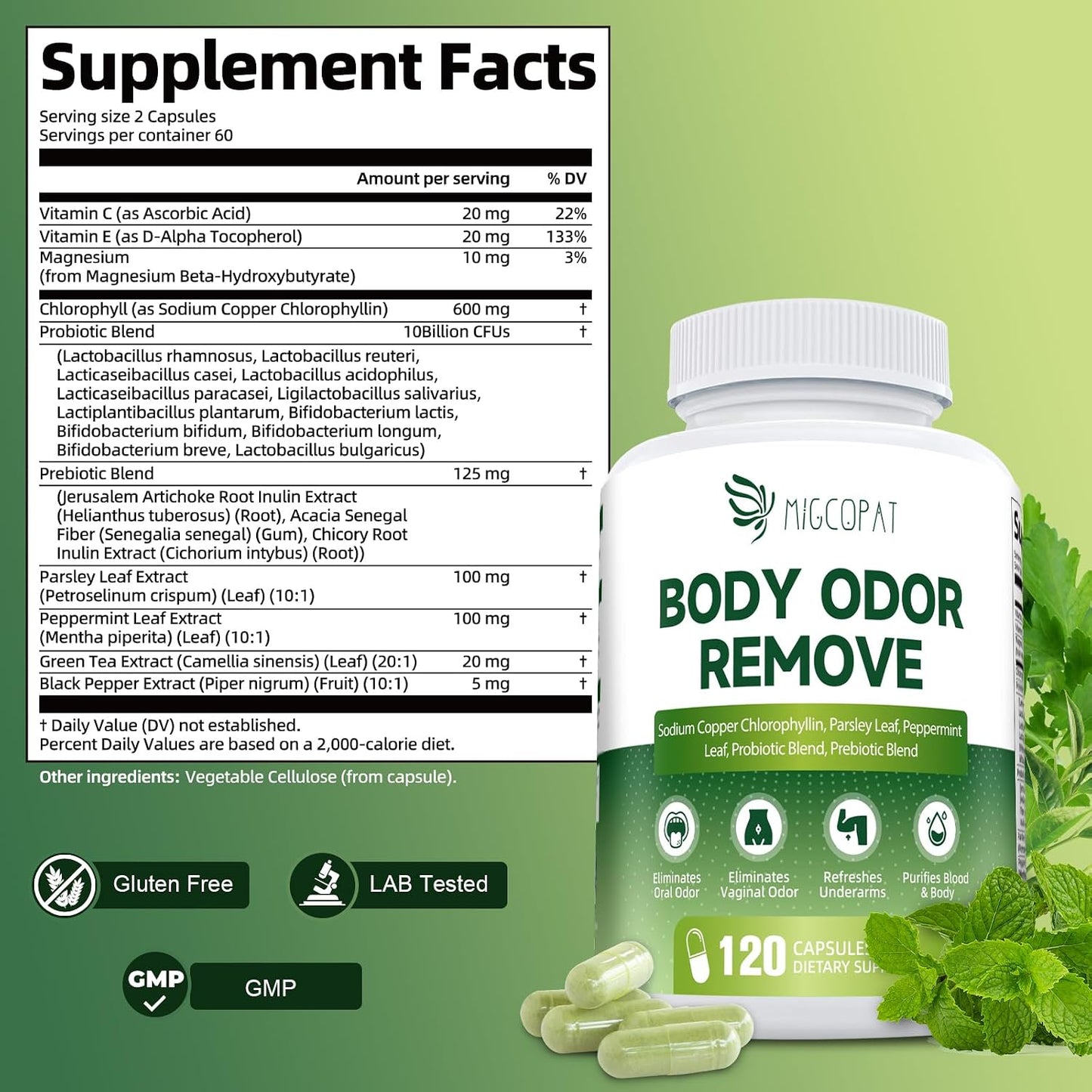 Chlorophyll Body Deodorizing Supplement, Chlorophyll Capsules with Parsley & Peppermint, Probiotic, Green Tea, Jerusalem Artichoke, Prebiotic, Supports Fresh Breath & Whole-Body Freshness, 120 Caps