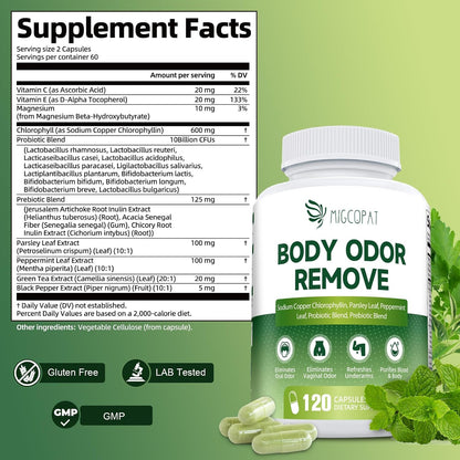 Chlorophyll Body Deodorizing Supplement, Chlorophyll Capsules with Parsley & Peppermint, Probiotic, Green Tea, Jerusalem Artichoke, Prebiotic, Supports Fresh Breath & Whole-Body Freshness, 120 Caps