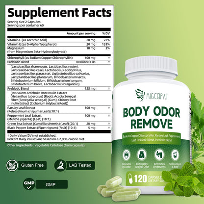 Chlorophyll Body Deodorizing Supplement, Chlorophyll Capsules with Parsley & Peppermint, Probiotic, Green Tea, Jerusalem Artichoke, Prebiotic, Supports Fresh Breath & Whole-Body Freshness, 120 Caps