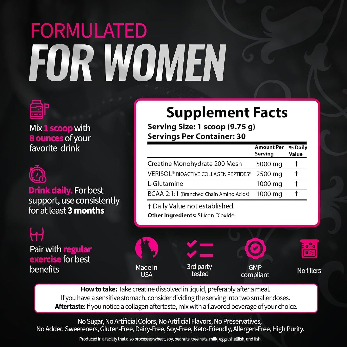 Bold Buns Creatine for Women – Supplement with Collagen & BCAA – Supports Muscle Development, Post-Workout Recovery, Skin Elasticity, Healthy Hair & Nail (2 Pack x 30 Servings, Unflavored)