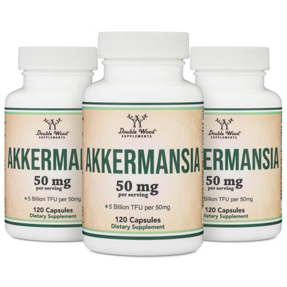 Akkermansia Probiotic and Postbiotic (Increases GLP-1 Production) 120 Capsules, 50mg per Serving (Third Party Tested to 5 Billion TFU per Serving, 50 Billion CFU per Gram) by Double Wood