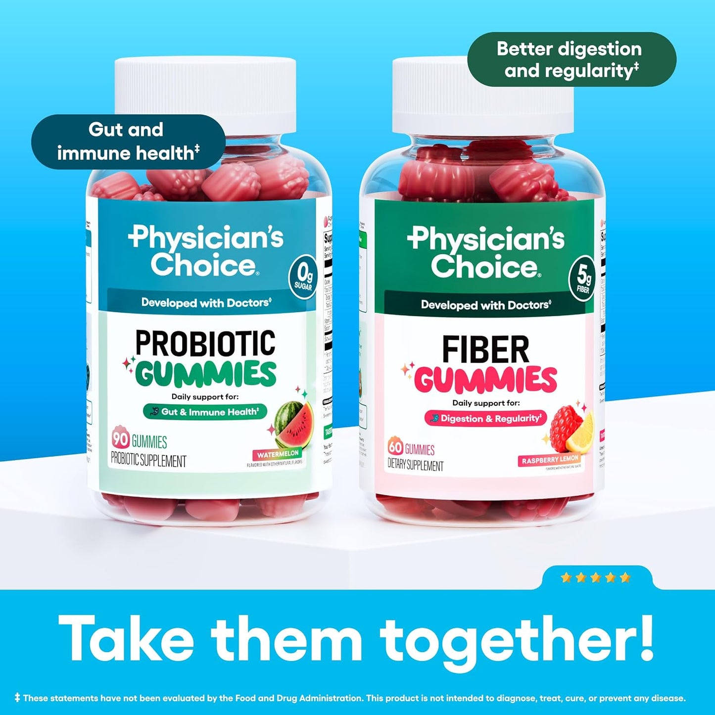 Physician's CHOICE Probiotic Gummies with Vitamin D & Prebiotic Fiber - Sugar Free - 1B CFUs of Clinically Studied Probiotic - Supports Immune & Gut Health for Women & Men - Watermelon Flavor - 60CT