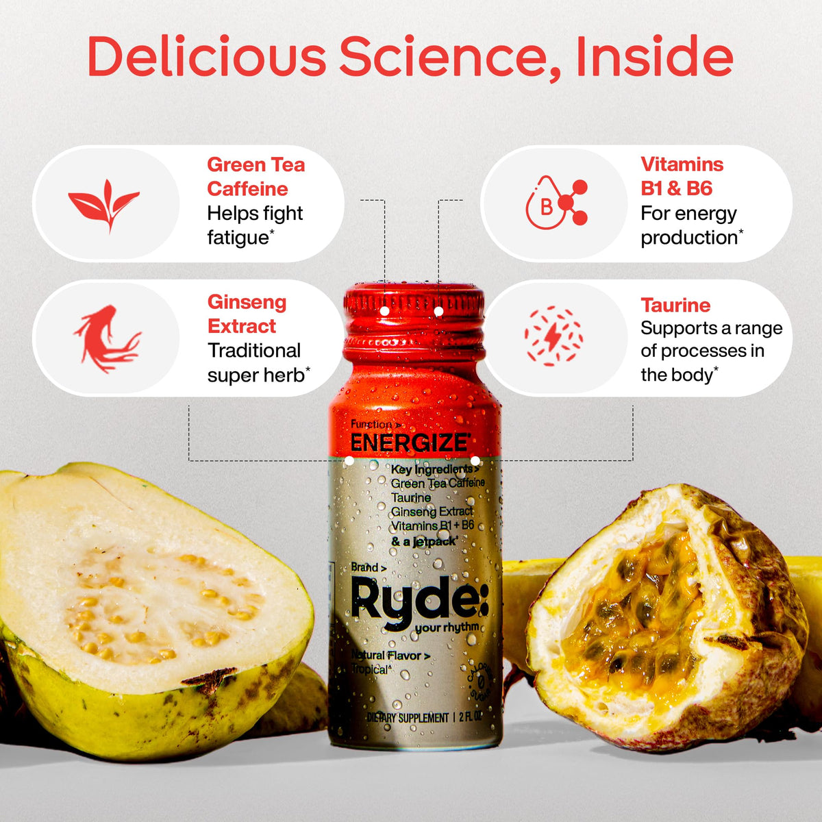RYDE Energize Energy Shot, Tropical Flavor, Zero Sugar, 2 fl oz, 8 Pack