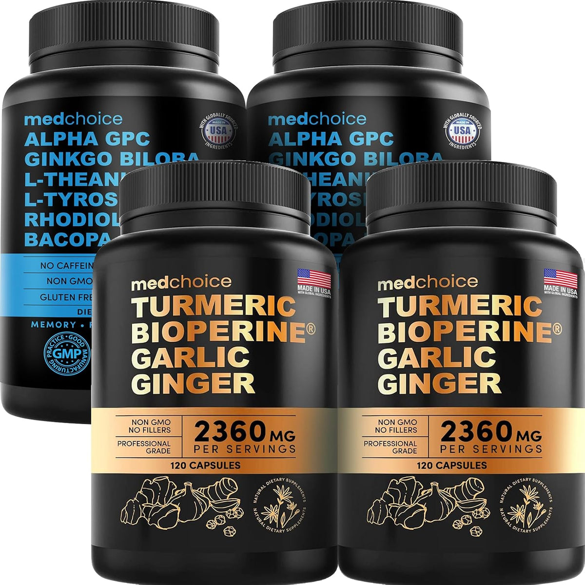 MEDCHOICE Turmeric & Ginger (240ct) and Nootropic Brain (120ct) Supplement Bundle - Wellness Duo for Joint, Digestion, Brain, & Mood Support - Vegan, Non-GMO, Gluten-Free