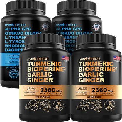 MEDCHOICE Turmeric & Ginger (240ct) and Nootropic Brain (120ct) Supplement Bundle - Wellness Duo for Joint, Digestion, Brain, & Mood Support - Vegan, Non-GMO, Gluten-Free