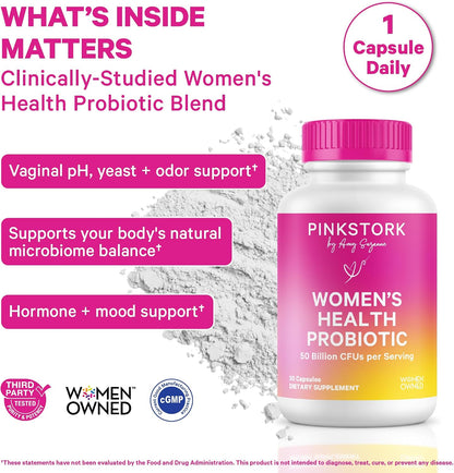Pink Stork Women's Probiotic, 50 Billion CFU | Clinically Studied Strains | Vaginal, Gut, Urinary + Hormone Support | pH Balance, Yeast & Odor | Probiotic Prebiotic Blend | 30 Vegan Capsules