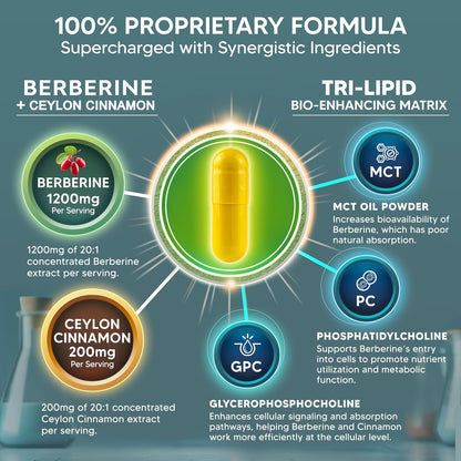 Berberine with Ceylon Cinnamon Supplement - 120 Capsules - 1200mg/Serving | Max Strength Berberine HCl Plus Complex - Premium Pure Extract Pills Alternative to Gummies, Drops & Patches