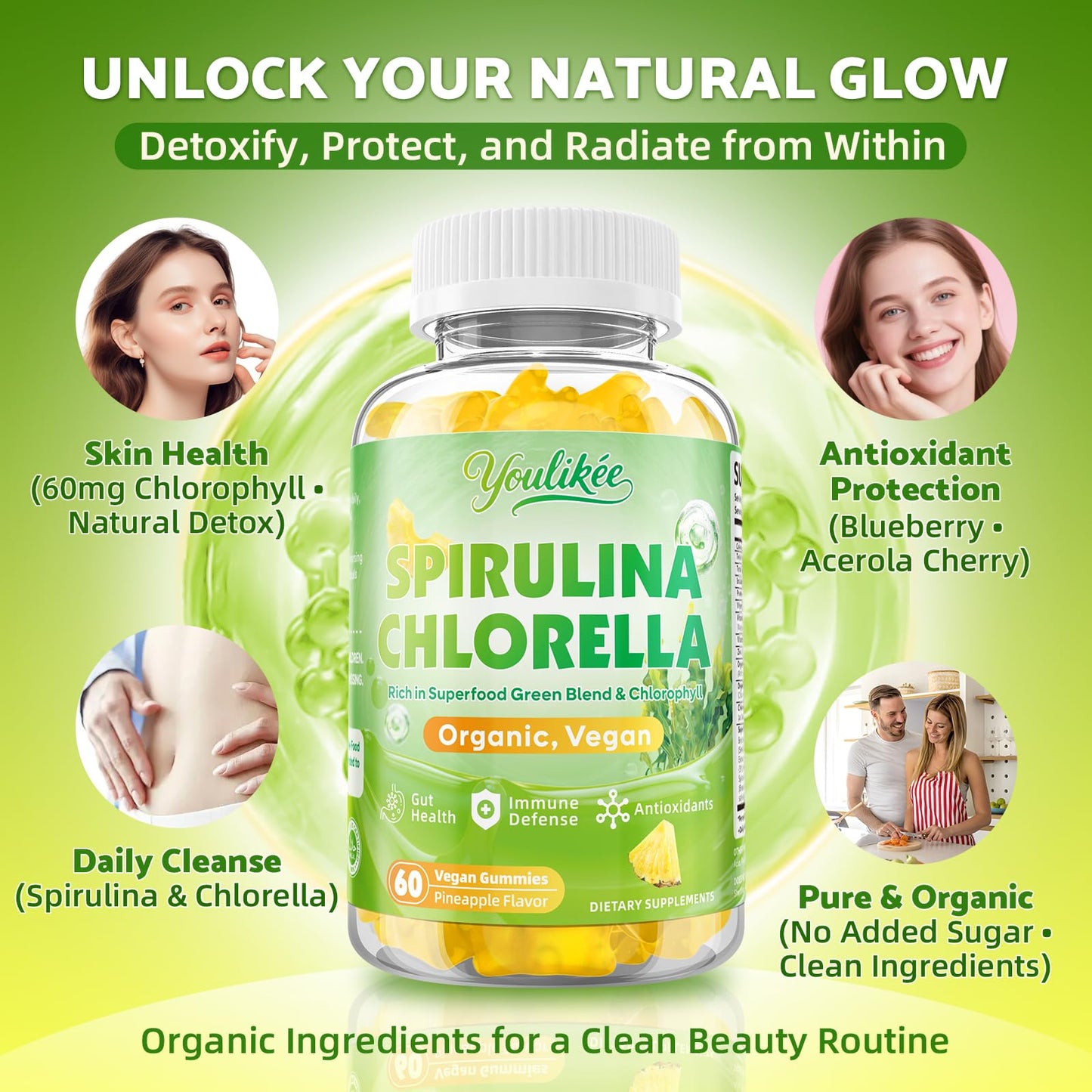2 Pack Spirulina Chlorella Gummies, Supports Daily Energy & Immune System | Super Greens Blend with Protein, Chlorophyll, Vitamin C, D3, B12, Zinc, Pineapple Flavor, 120 Count