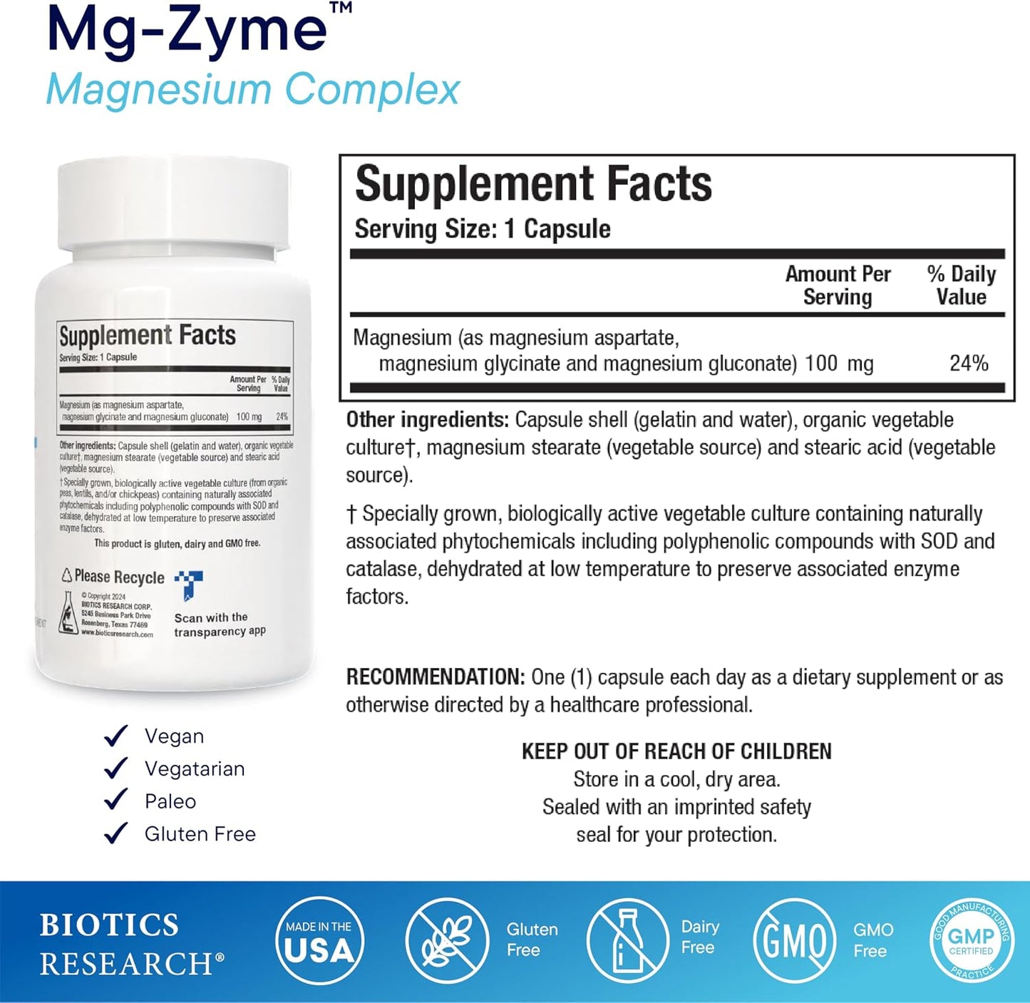 Biotics Research Mg-Zyme™ Triple Magnesium Complex 100 mg- Magnesium Glycinate, Gluconate, Aspartate Chelated Supplement, High Absorption, Support Sleep, Energy, Cardiovascular Health–100 Capsules