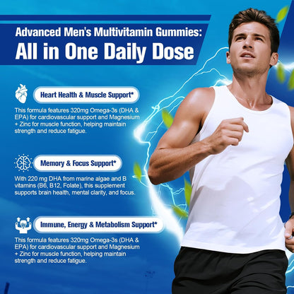 Migcopat Multivitamin for Men, Mens Multivitamins Gummies w/Omega-3, Probiotics, Inositol, Folate, Biotin, Zinc, Vitamins A, C, D, E, B, Support Heart, Brain, Muscle, Energy, Sugar-Free, Berry Flavor
