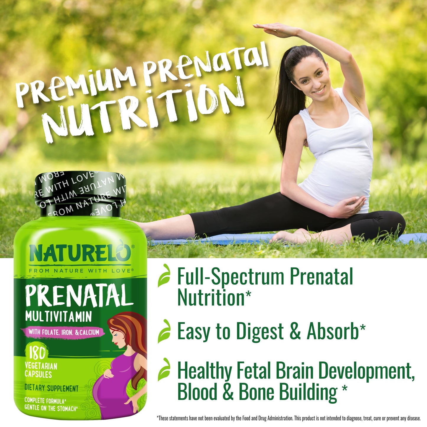 NATURELO Prenatal Multivitamin with Gentle Chelated Iron, Methyl Folate, Plant Calcium & Choline - Vegan, Vegetarian - Non-GMO - Gluten Free - 180 Capsules - 2 Month Supply