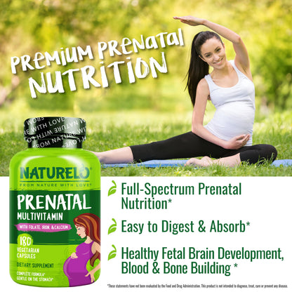NATURELO Prenatal Multivitamin with Gentle Chelated Iron, Methyl Folate, Plant Calcium & Choline - Vegan, Vegetarian - Non-GMO - Gluten Free - 180 Capsules - 2 Month Supply