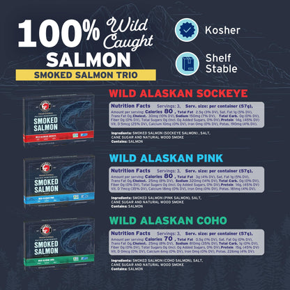 SeaBear Smoked Salmon Trio 18oz (3 x 6oz) Fillets Gift Box – Wild Alaska Sockeye, Wild Pink & Coho Fillets, Shelf Stable, Ready to Eat, 18 Ounce (3 x 6 Ounce) Filets
