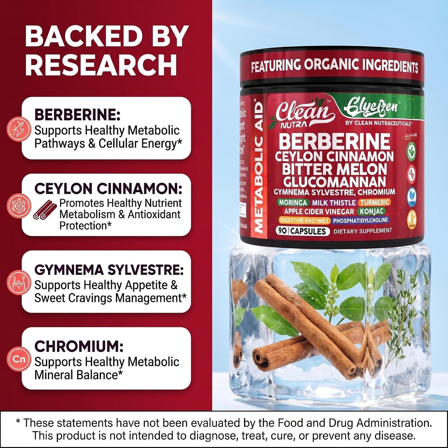 Clean Nutra Berberine and Ceylon Cinnamon Supplement Bitter Melon Glucomannan Gymnema Sylvestre Chromium Moringa Milk Thistle Turmeric Apple Cider Vinegar Digestive Enzymes Inositol Pills 90 Capsules