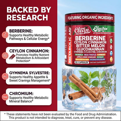 Clean Nutra Berberine and Ceylon Cinnamon Supplement Bitter Melon Glucomannan Gymnema Sylvestre Chromium Moringa Milk Thistle Turmeric Apple Cider Vinegar Digestive Enzymes Inositol Pills 90 Capsules