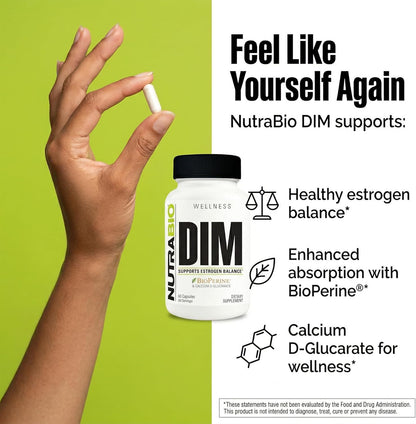 NutraBio DIM Supplement, Supports Estrogen Balance, 100mg - 60 Vegetable Capsules