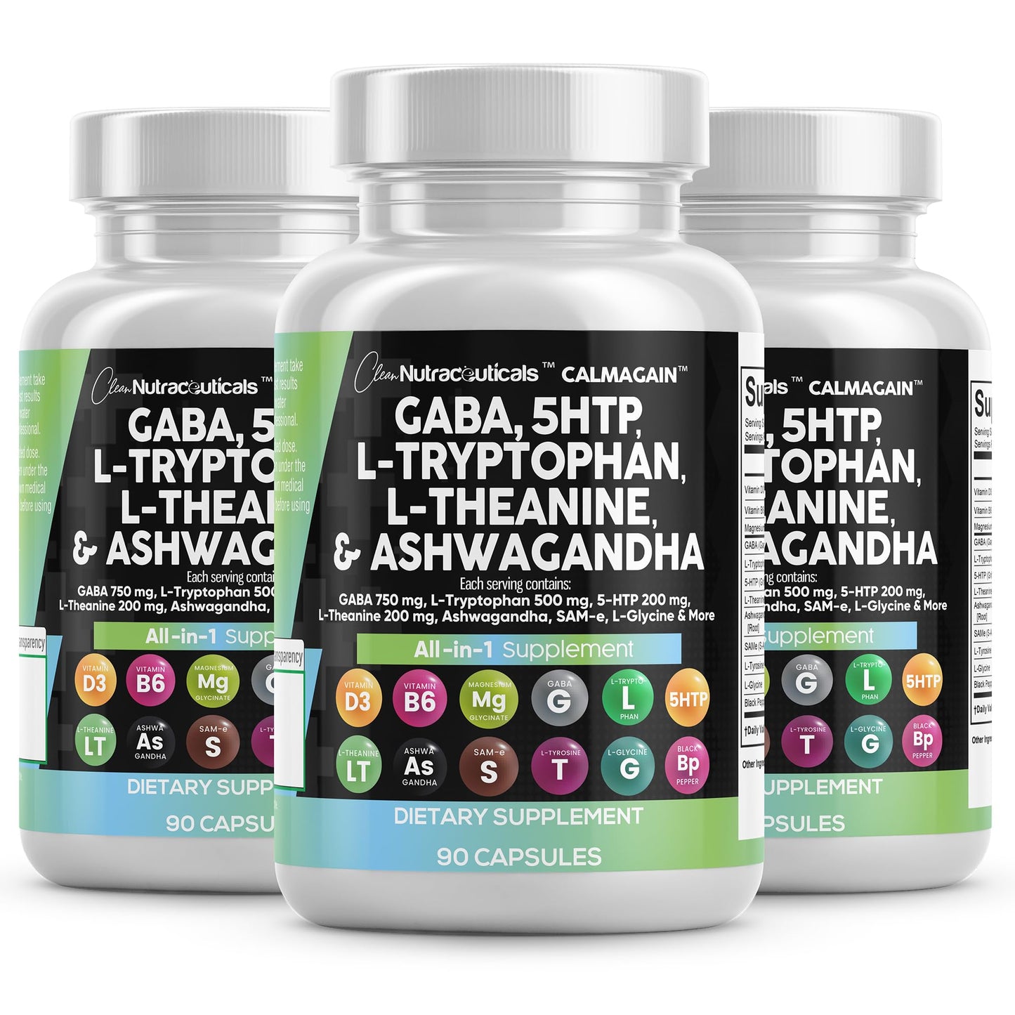 Clean Nutraceuticals GABA 750mg 5 HTP 200mg L Tryptophan 500mg L Theanine 200mg Ashwagandha SAM-e L-Glycine - Mood Support Vitamins for Women and Men with L-Tyrosine 5-HTP (5-Hydroxytryptophan)
