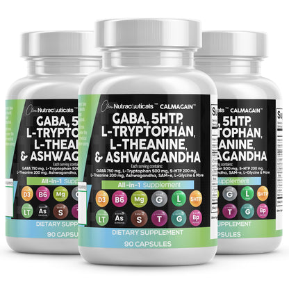 Clean Nutraceuticals GABA 750mg 5 HTP 200mg L Tryptophan 500mg L Theanine 200mg Ashwagandha SAM-e L-Glycine - Mood Support Vitamins for Women and Men with L-Tyrosine 5-HTP (5-Hydroxytryptophan)