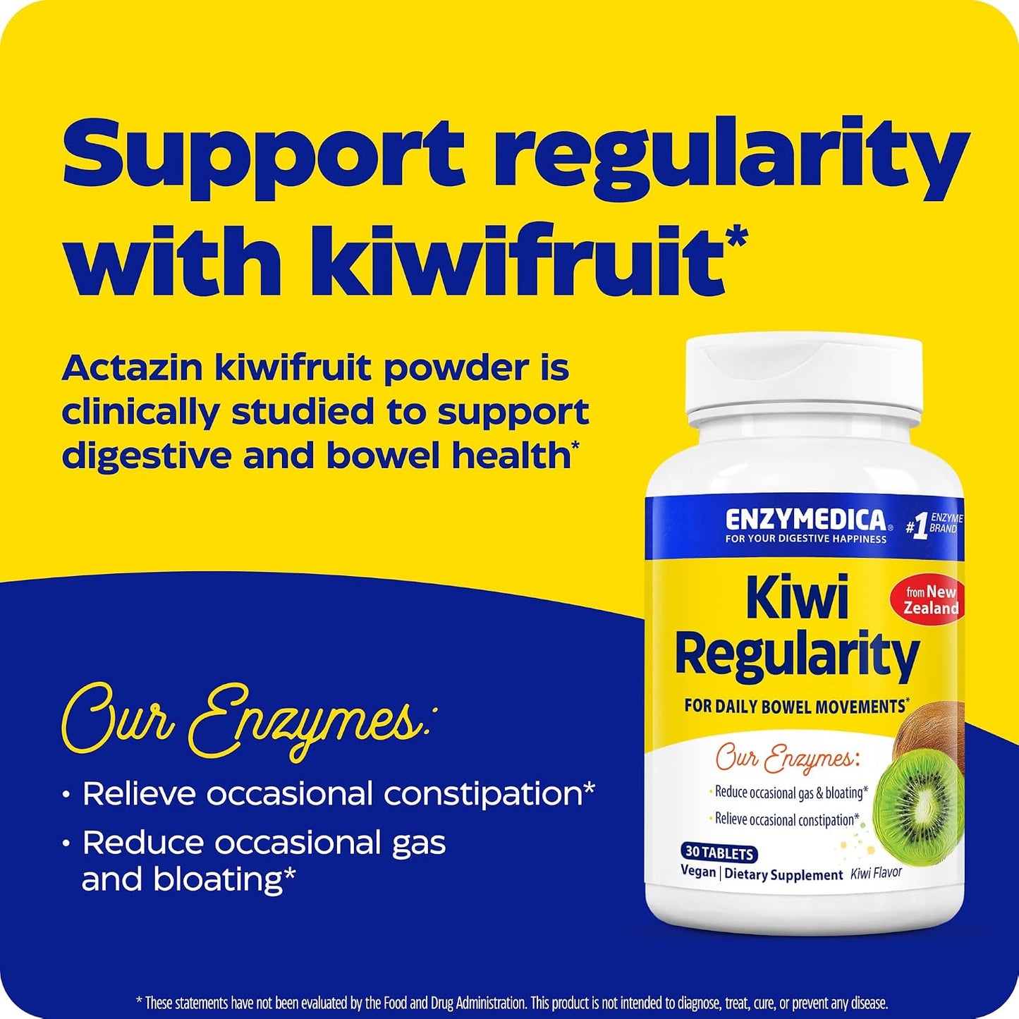 Enzymedica Kiwi Regularity - Bowel Movement Supplement for Women & Men, Occasional Constipation Support, Reduces Gas & Bloating, Daily Digestion & Gut Health Support for Adults - 30 Chewable Tablets