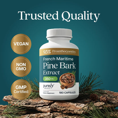 French Maritime Pine Bark Extract Capsules, 95% Proanthocyanidins, Vegan | 6 Month Supply, Cardiovascular & Antioxidant Support, High-Strength Pine Bark Extract 350mg, Vegan & Non-GMO, 180 Capsules