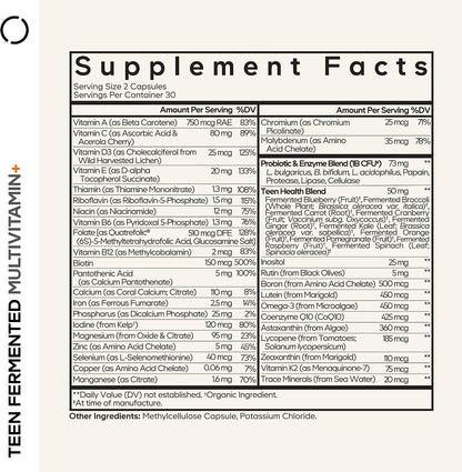 Codeage Teen Multivitamin Supplement – Daily Vitamins and Minerals for Teen Boys and Girls – Organic Whole Food Formula with Omega-3 and Vitamins A to K - 60 Capsules