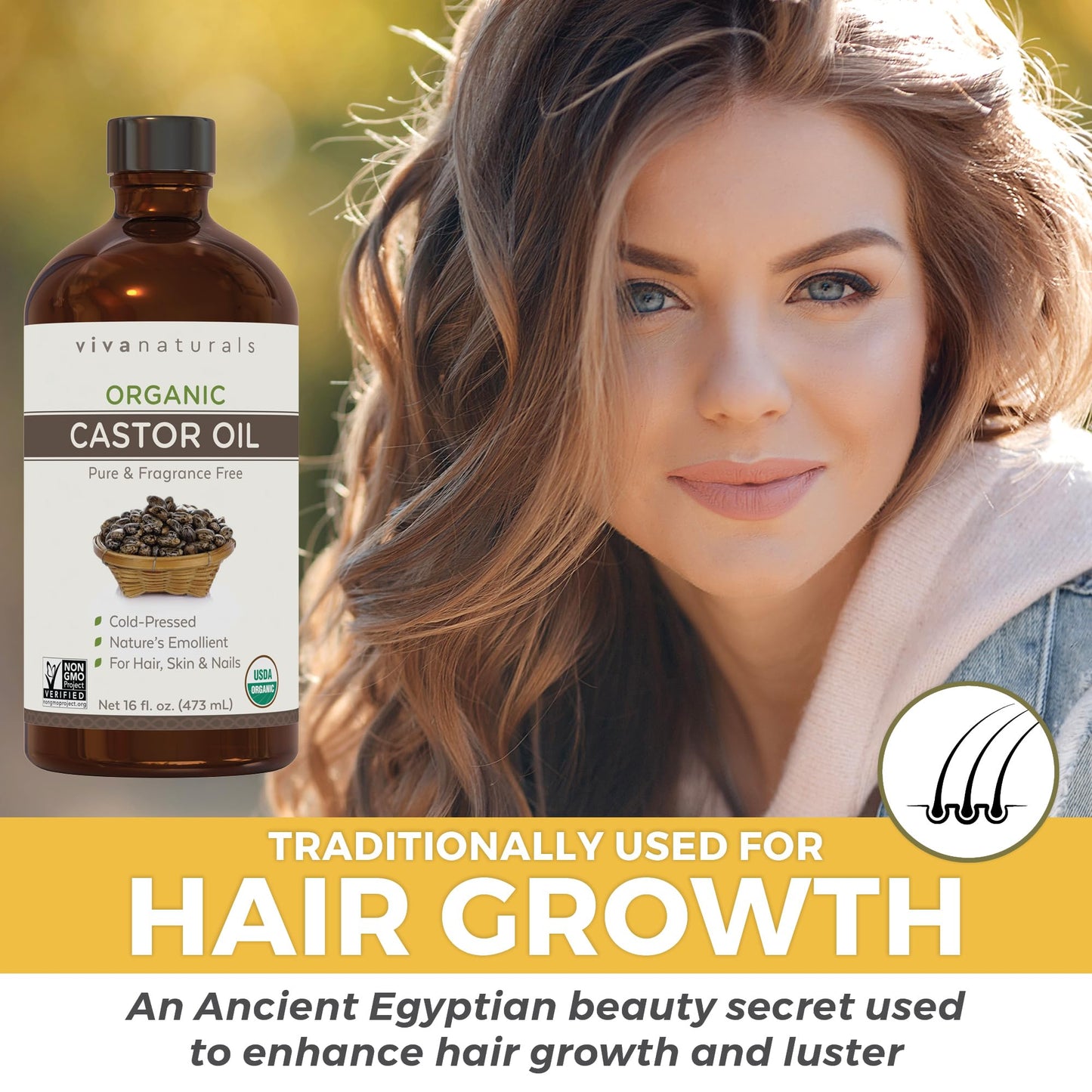 Viva Naturals Organic Castor Oil, Cold-Pressed, 16 fl oz – For Face, Hair, Eyelashes, USDA Organic, Non-GMO - With Beauty Kit
