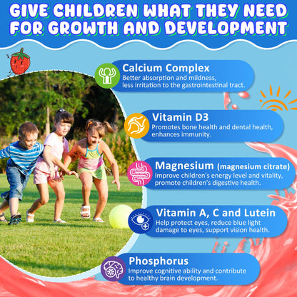 Kids Calcium Gummies + D3 & Magnesium for 4+, with Calcium Citrate Calcium Gluconate, Calcium Lactate, Probiotics & Prebiotics for Children Bone Health,Muscle Support,Digestive Health,Sugar Free 60Cts