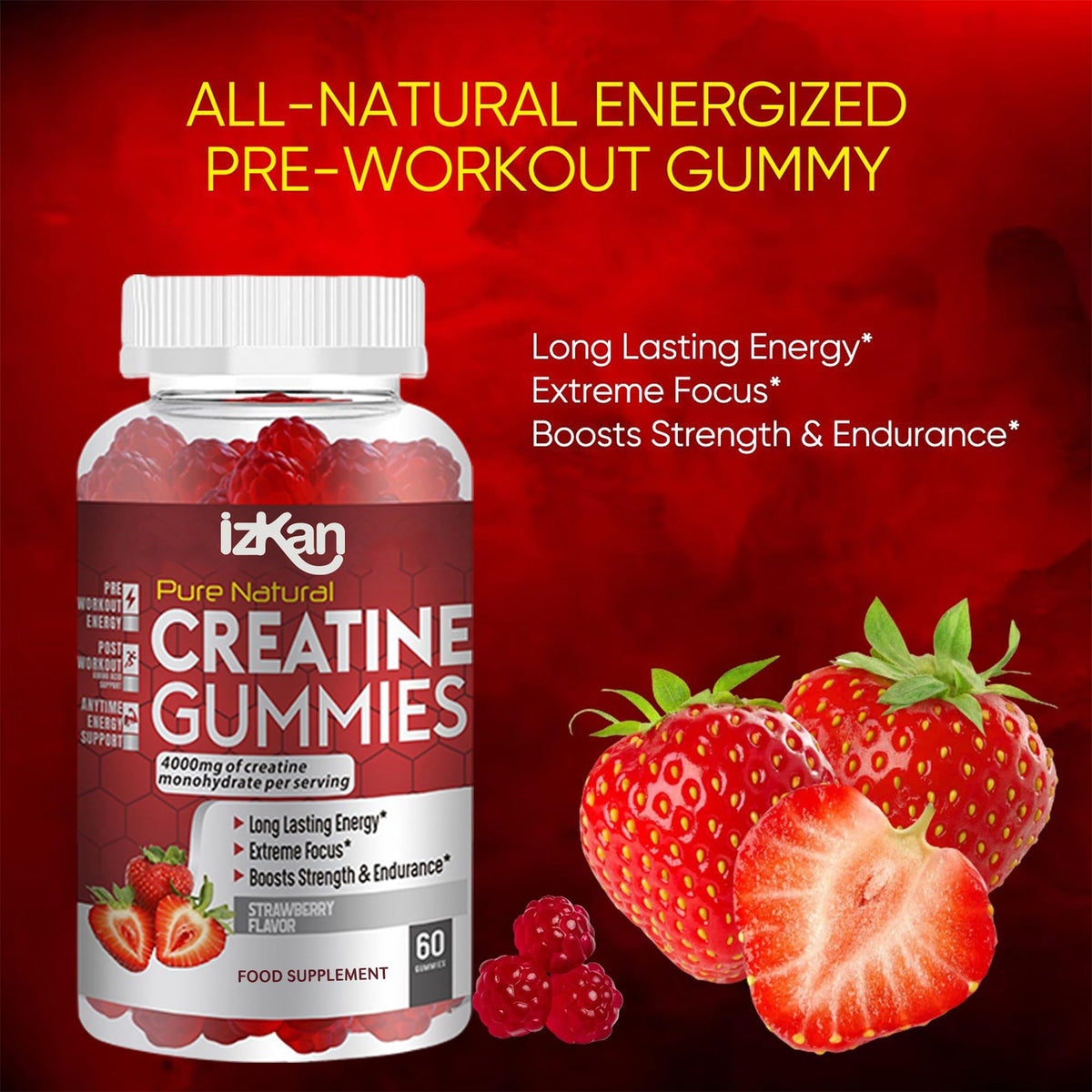 Izkan Pro Creatine Monohydrate Gummies 4000mg for Men & Women - 60 Chewable