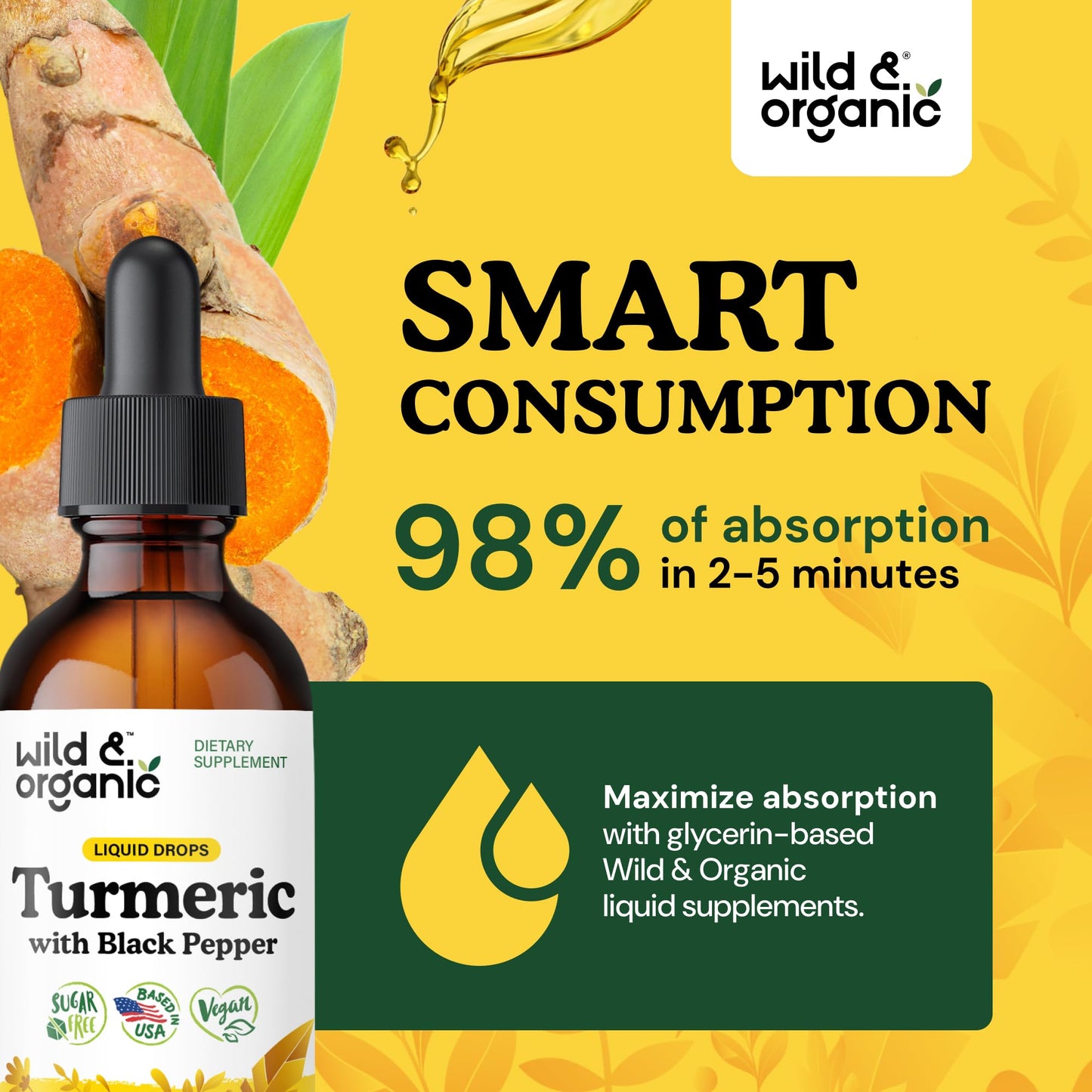 Wild & Organic Turmeric Supplement Liquid Drops - Movement & Immune Support - Liquid Turmeric with Black Pepper Extract - Add to Tea Tincture - Curcumin Supplements - Sugar & Alcohol-Free - 4 fl oz