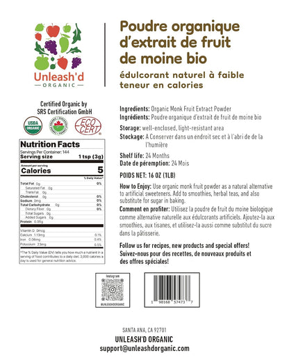 Unleash’d Organic Monk Fruit Powder 16 oz – Pure Unsweetened Monk Fruit, No Added Sugar, No Erythritol, Vegan, Non-GMO Sweetener Alternative