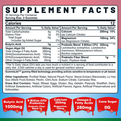 Butyrate Gummies with Probiotic + Prebiotic + Postbiotic, Omega-3 500mg,Fiber with 9 Billion CFU Probiotics, Calcium & Magnesium, Inulin,Psyllium Husk for Digestive Health,Bloating Support,Sugar Free