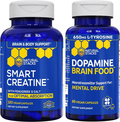 NATURAL STACKS Dopamine Brain Food + Creatine Monohydrate Bundle - Supports Mental Drive & Brain Health* - Advanced Absorption Formula - 180 Total Capsules