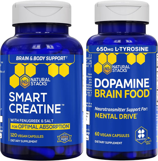 NATURAL STACKS Dopamine Brain Food + Creatine Monohydrate Bundle - Supports Mental Drive & Brain Health* - Advanced Absorption Formula - 180 Total Capsules