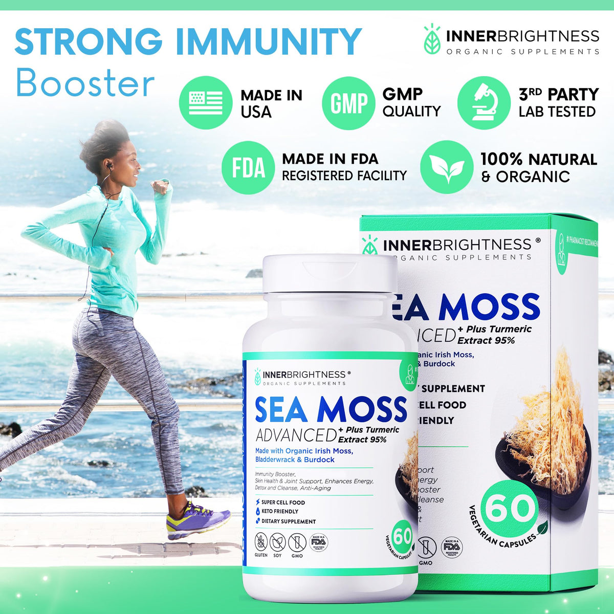 Inner Brightness 1500mg Organic Irish Sea Moss Capsules Max Absorption + 95% Turmeri