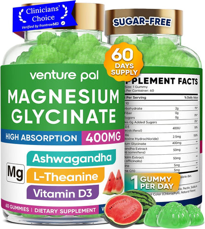 60 Day Supply Magnesium Glycinate 400mg Gummies Sugar Free High Absorption | With Ashwagandha, L-Theanine, CoQ10, Vitamin D3 & B6, Adults & Kids, Stress Relief, Sleep & Calm, Vegan, Gluten Free