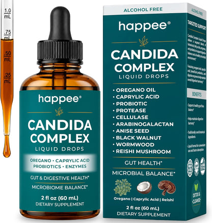 Happee Candida Cleanse Drops 10-in-1 Gut & Oral Detox Support Men Women 2oz | Yeast & Overgrowth Support - Oregano, Caprylic Acid & Probiotics - Flora Balance & Digestive Comfort - 60 Servings