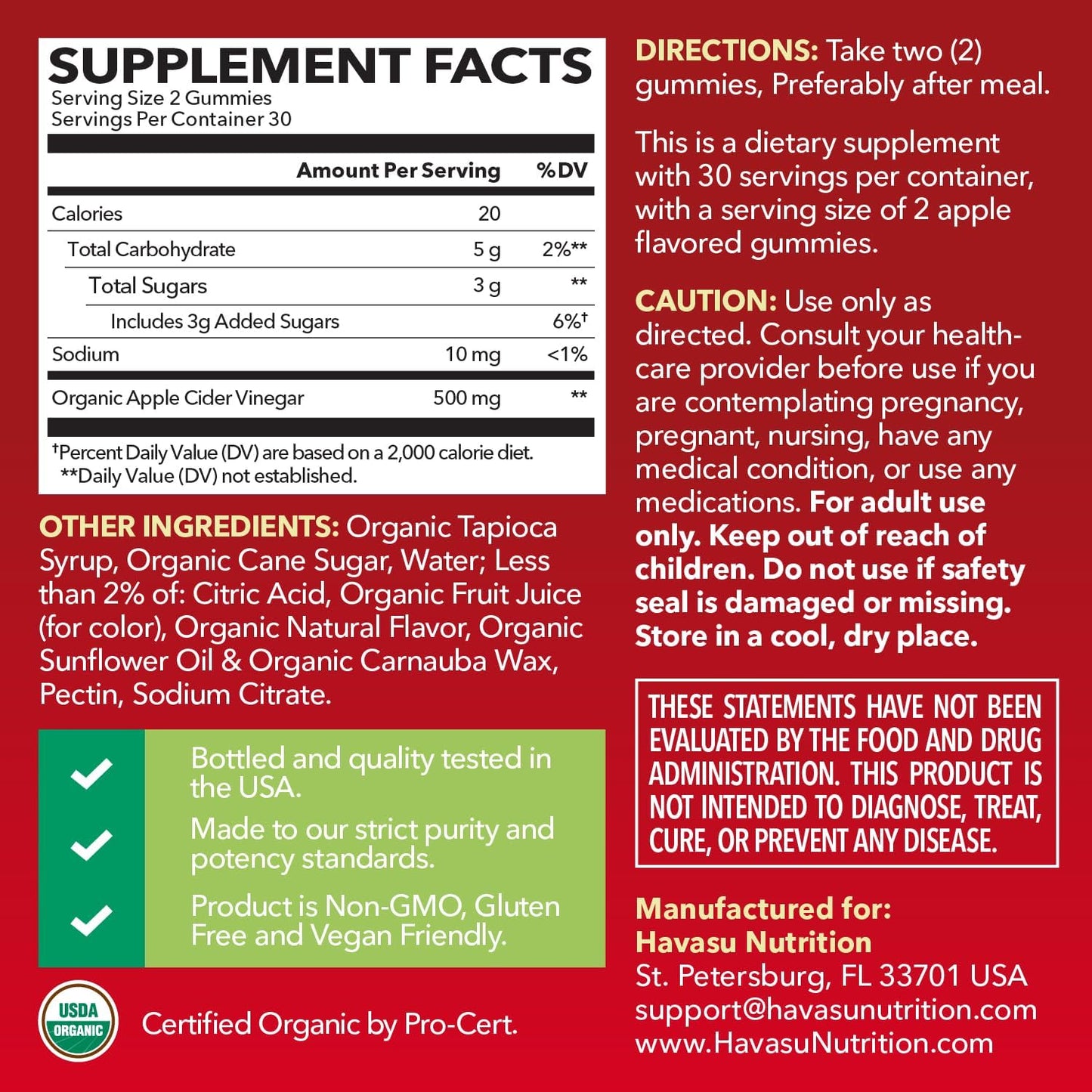 Apple Cider Vinegar Gummies, USDA Organic, Apple Flavor, 1-Month Supply | USDA Organic ACV Gummies for Digestive Health, Metabolism & Gut Support, Vegan, Gluten-Free, No Harsh Taste, 60ct