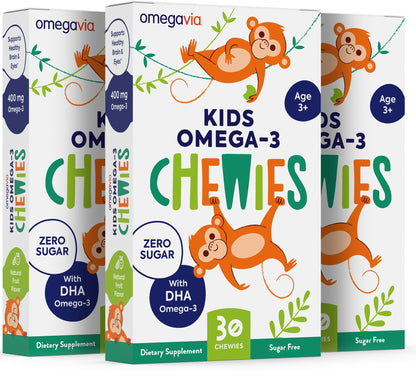 OmegaVia Omega 3 Chewies, Daily DHA Chewable Vitamins for Kids, Omega 3 for Ages 3-12 to Support Brain & Eye Health, Sugar-Free Natural Fruit Flavor, Omega 3 Fish Oil, 30 Individual Packets