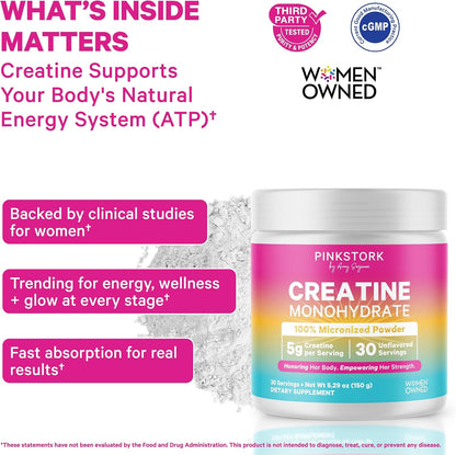 Pink Stork Creatine Monohydrate for Women, 5g, 30 Servings | Micronized Creatine Powder, Unflavored, Supports Muscle Health, Energy, Cognitive Function, Alternative to Pills or Gummies