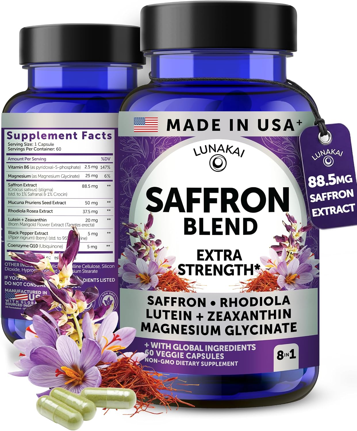 Lunakai USA Made Saffron+ Supplement for Adults, 88.5mg, 60 Day Supply | Non-GMO 8-in-1 Formula Saffron Extract Capsules | Daily Mood & Energy Support for Men & Women