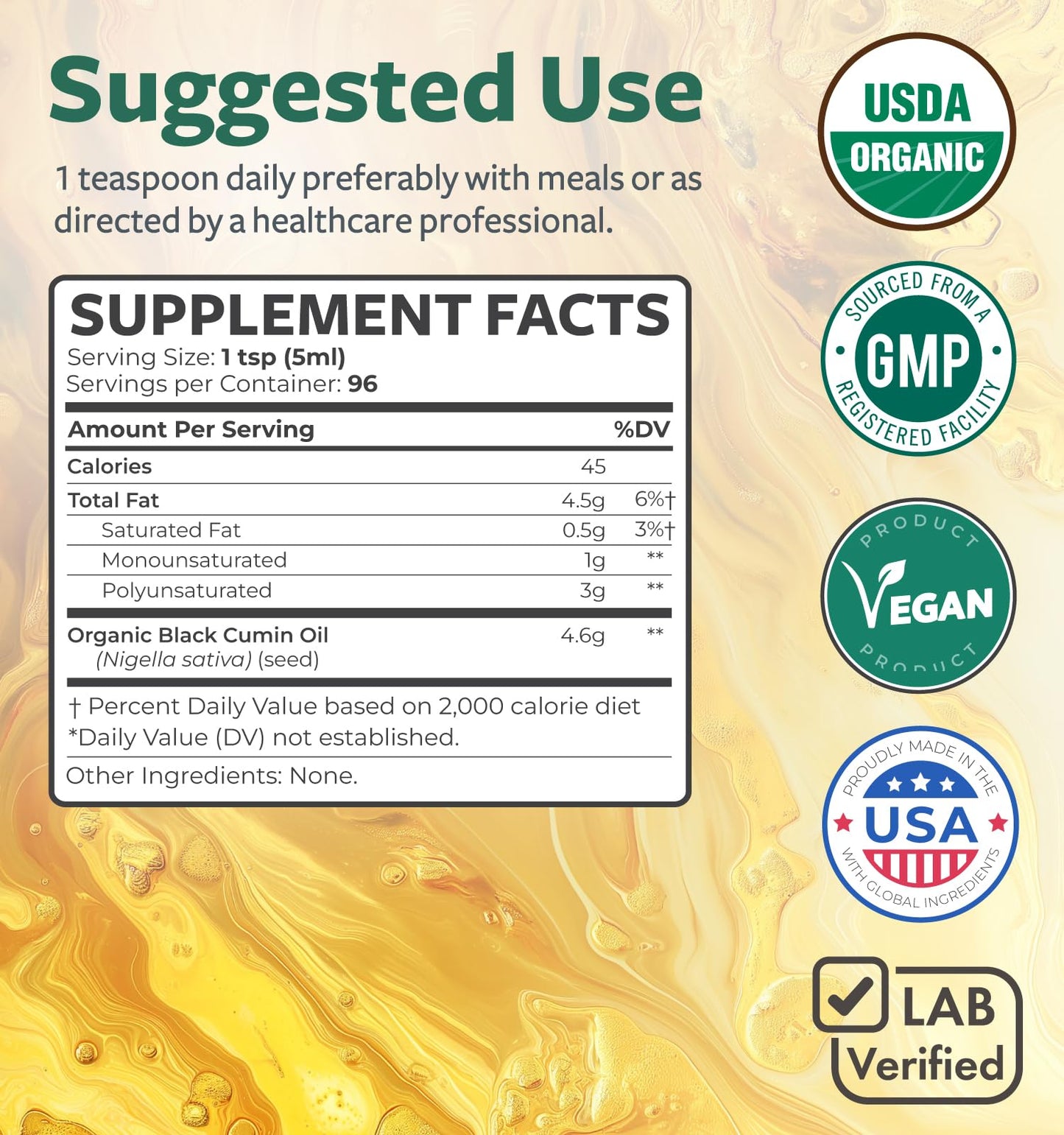 USDA Organic Black Cumin Seed Oil Liquid (8 fl oz) Premium Cold-Pressed Nigella Sativa Producing Pure - Antioxidant Supplement - Vegan, Gluten-Free, & Non-GMO (No Pills or Capsules)