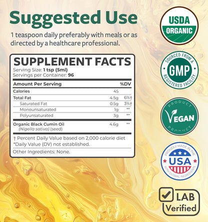 USDA Organic Black Cumin Seed Oil Liquid (8 fl oz) Premium Cold-Pressed Nigella Sativa Producing Pure - Antioxidant Supplement - Vegan, Gluten-Free, & Non-GMO (No Pills or Capsules)