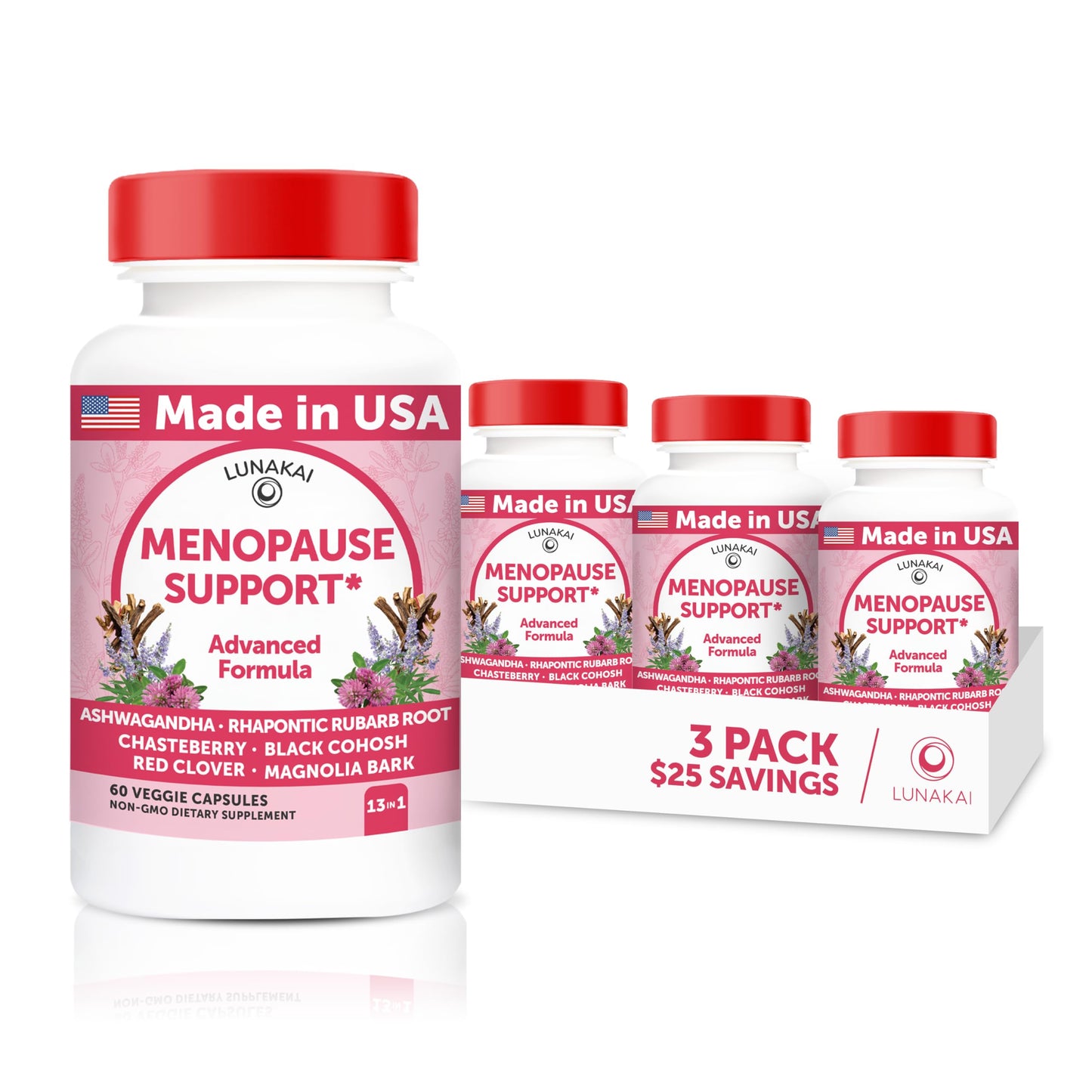 Lunakai USA Made Natural Menopause Supplements for Women, 60ct | Non-GMO, 13-in-1 Menopause Relief for Hot Flashes, Night Sweats, Sleep & Mood Support