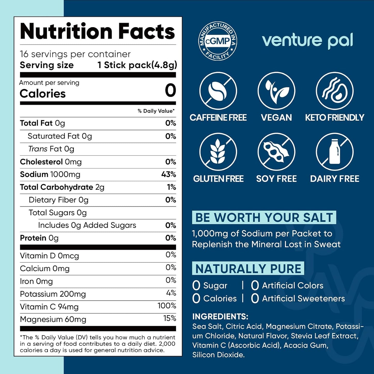 Venture Pal High Sodium Sugar Free Electrolytes Powder Packet, 16 Sticks | Hydration Packets with Vitamin, Sodium & Potassium, Zero Calories, Vegan, Keto & Paleo Friendly Electrolyte Drink Mix
