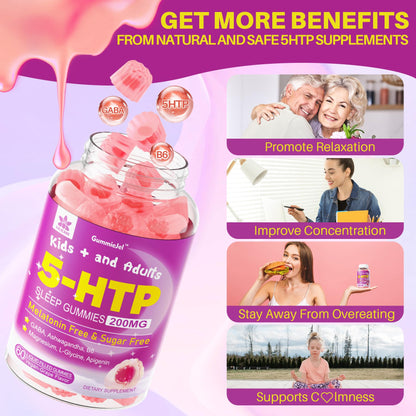 5HTP Gummies for Adults & Kids 8+, Melatonin Free Gummies with Magnesium Glycinate, GABA, L-Glycine, Ashwagandha, Vitamin B6 for Delicious Zzzs, Brain & Muscle Relaxation, 0 Sugar 60 Count (Pack of 1)