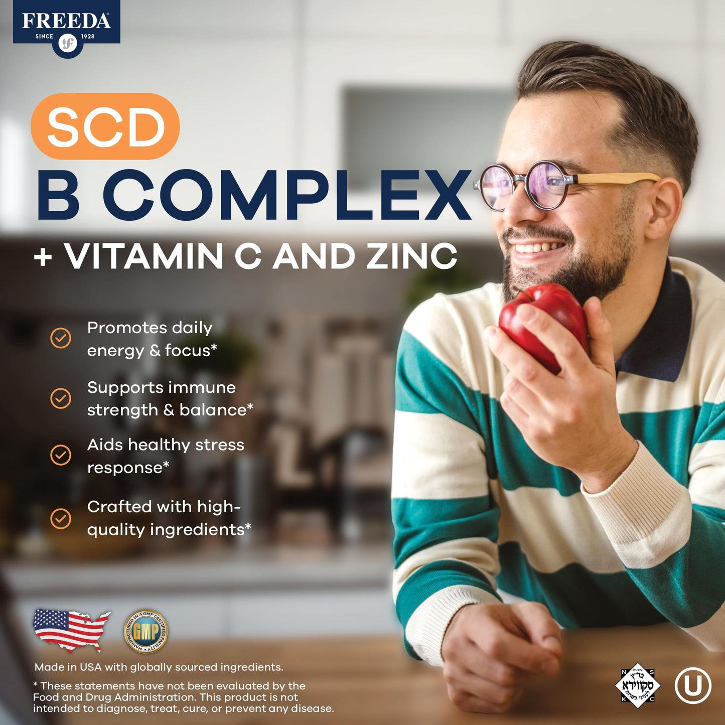 FREEDA Vitamin B Complex with Vitamin C & Zinc – 60 Capsules | Supports Energy & Metabolism with Active B12, Methylfolate, B1–B6, Biotin, Choline - Vegan, Kosher, SCD Legal