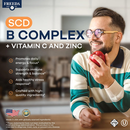 FREEDA Vitamin B Complex with Vitamin C & Zinc – 60 Capsules | Supports Energy & Metabolism with Active B12, Methylfolate, B1–B6, Biotin, Choline - Vegan, Kosher, SCD Legal